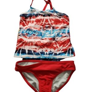 GIRLS SZ 7/8 BATHING SWIM SUIT RED WHITE BLUE NWT